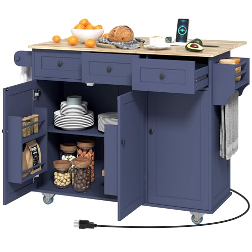 HOMCOM Rolling Kitchen Island with Power Outlet and Drop Leaf, 53" Island Table with Wood Top, 3 Drawers, Adjustable Shelf, Spice & Towel Rack, Kitchen Cart on Wheels, White