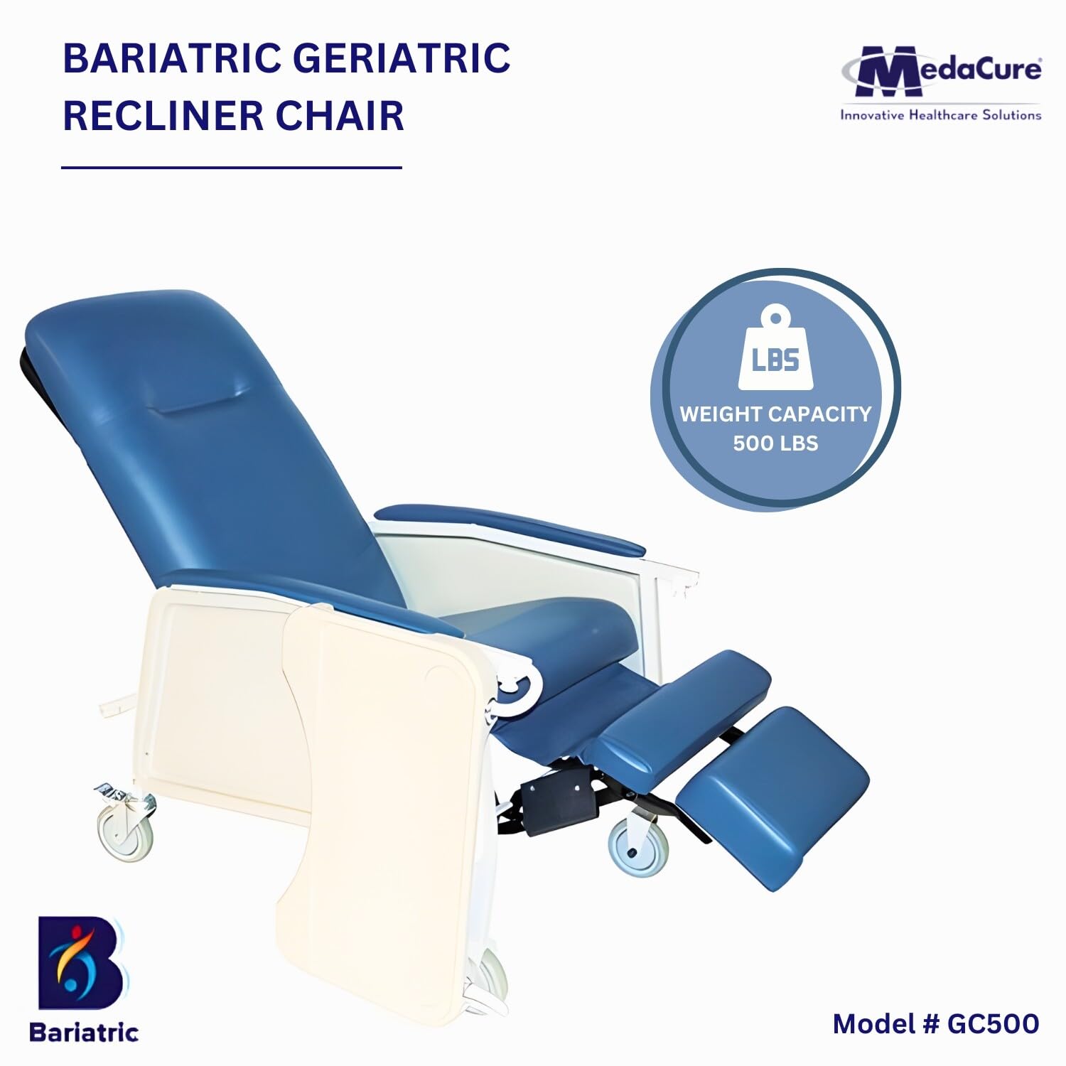 Medacure Reclining Geri Chair - Bariatric Options, 3 Positions, Retractable Lock Bar, Large Tray, 500 Lbs Weight Capacity, Dimensions - 47.5" H x 32" W x 41.5" D - GC500
