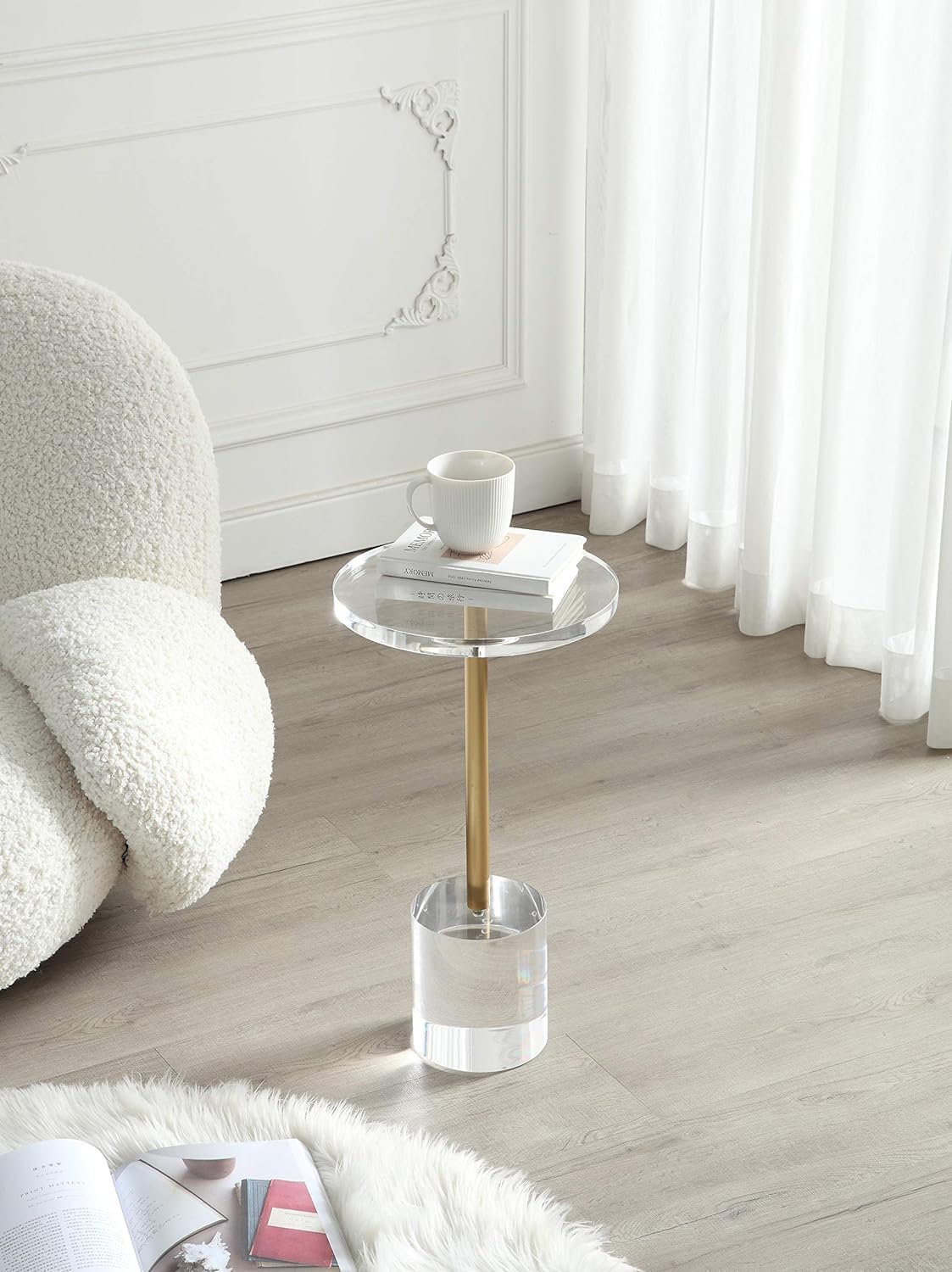 Silver Pole Clear Acrylic End Table,Side Table,Brushed Brass Metal,Round,for Office, Living Room and Bedroom