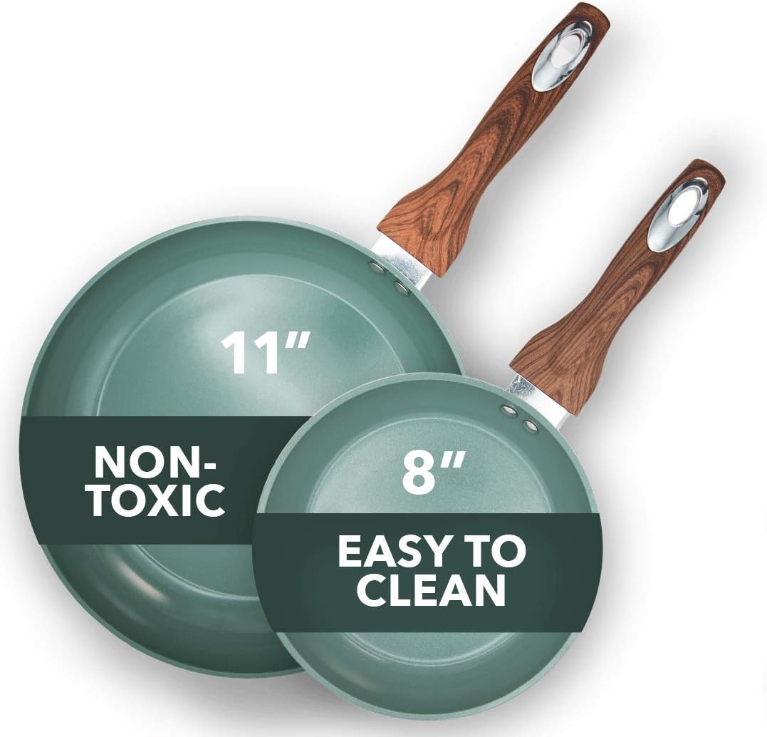 Phantom Chef 8” & 11 Frying Pan Set | Pure Aluminum Nonstick Frying Pan Set With Easy Clean Ceramic Coating | Soft Touch Stay Cool Handle | PTFE PFOA Lead and Cadmium Free Fry Pan | 2 Piece | Yellow