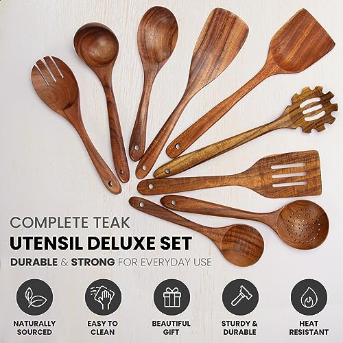Zulay Kitchen 30-Piece Teak Wooden Utensils for Cooking - Natural Teak Utensil Set with Premium Gift Box - Non-Stick Wooden Spoons for Cooking - Kitchen Gift Set - Comfortable Grip Wooden Utensil Set