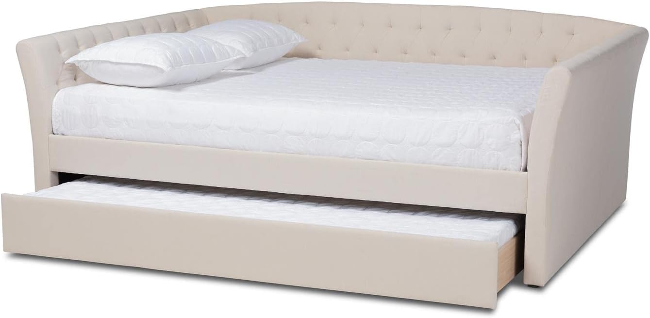 Baxton Studio Delora Modern and Contemporary Beige Fabric Upholstered Full Size Daybed with Roll-Out Trundle Bed