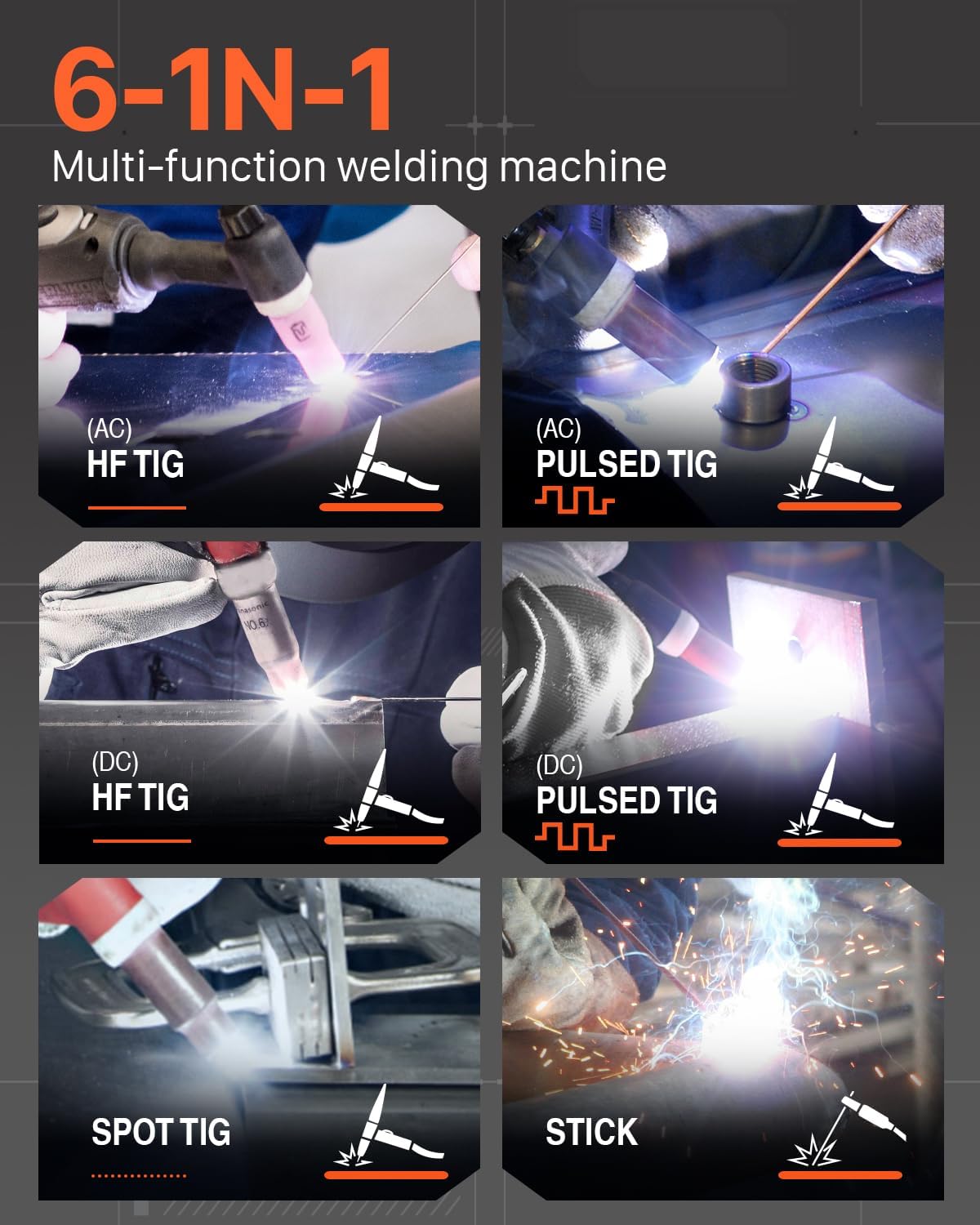 HZXVOGEN 200Amp AC/DC Aluminum TIG Welder with Pulse 4 in 1 Multiprocess Welding Machine Dual Voltage 110V/220V IGBT Inverter HF TIG/TIG/Stick/Arc/Spot Welder Machine