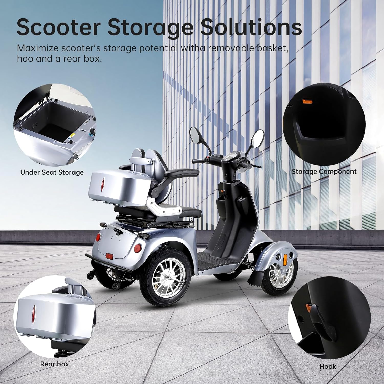 800W Heavy Duty 4 Wheel Mobility Scooters for Seniors & Adults 500lbs Capacity, Powered Mobility Scooters with 3-Speed Control & USB Charger Port, Under Seat Storage, Silver
