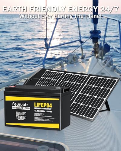 12V 100Ah LiFePO4 Lithium Battery - Solar Powered Battery with 100A BMS, 1280Wh Energy Storage, Iron Phosphate 15000 Deep Cycles Marine Battery for RV, Golf Car, Trolling Motor