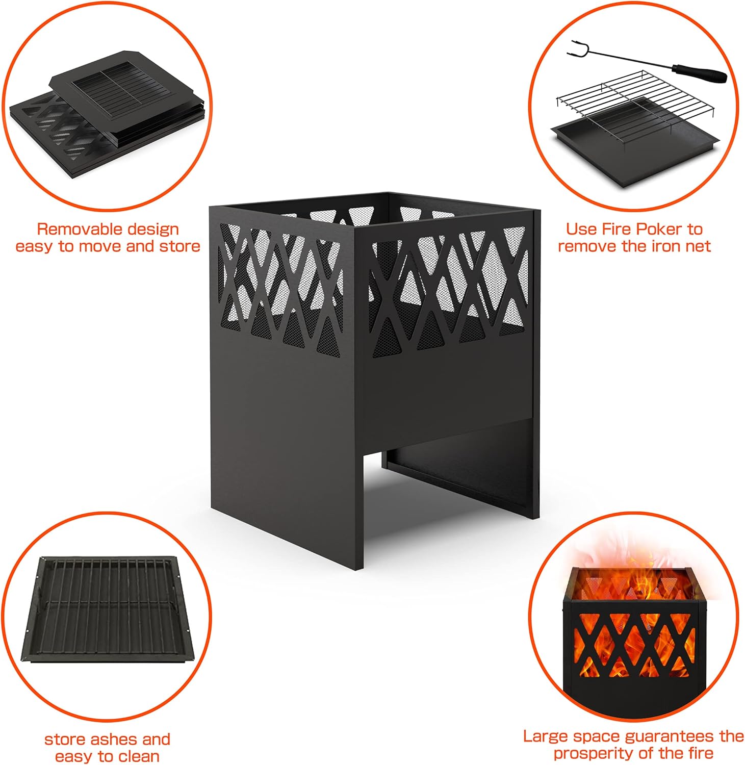 CharaVector Outdoor Wood Burning Burn Barrel Fire Pits 28&rdquo; Large Square Wood Stove, Deep Stainless Steel with Mesh Spark Screen and Fire Poker for Barbeque, Backyard, Bonfire