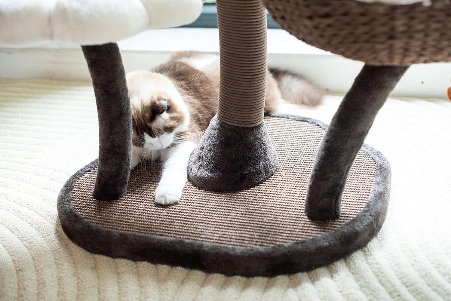 Catry Cat Tree - Woodowoodo - All-in-One Cat Tower with Cat Scratching Post, Cat Hammock, Hand Woven Paper Baskets, & Teasing Toy