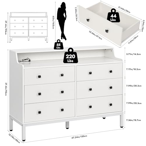 6 Drawer White Wood Dresser with Charging Station, Led Modern Large Dresser for Bedroom, Storage Dresser Chest of Drawers