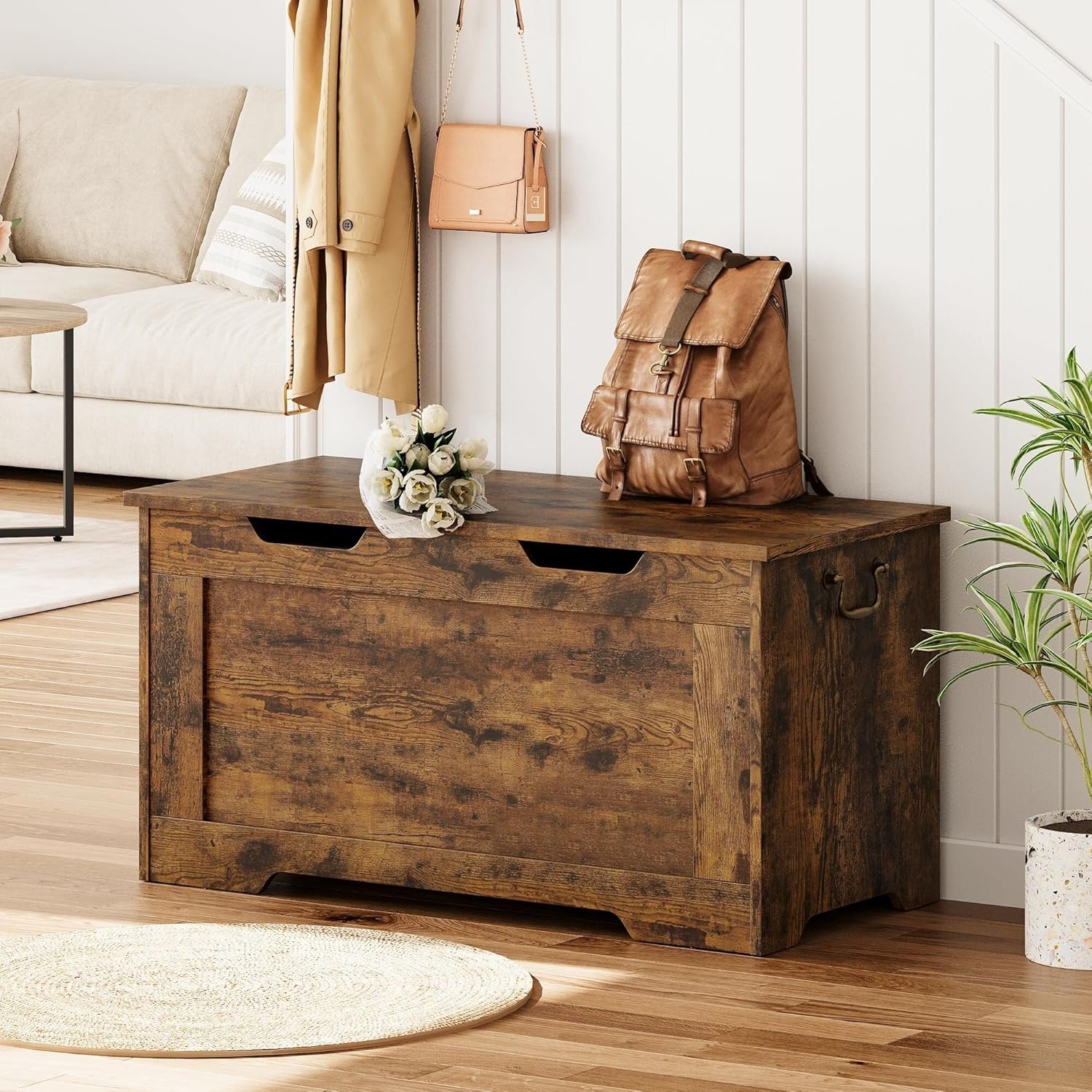 Storage Chest 39.4" Bench Wooden Trunk Brown Solid Wood Finish