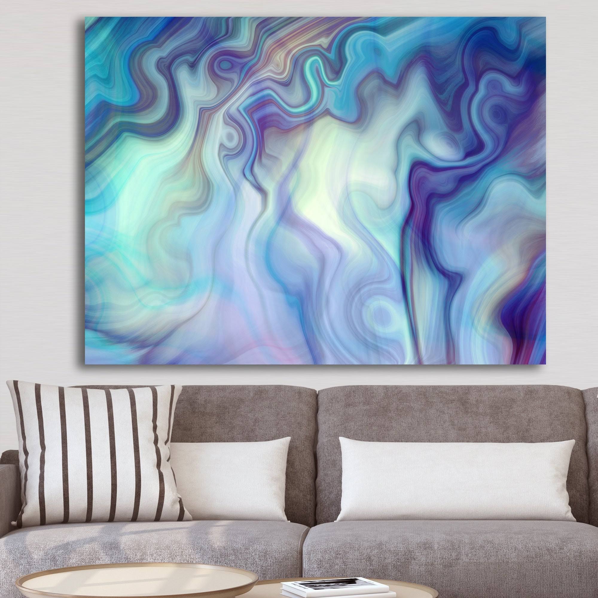 Designart &Marbled Colours in Shades of Turquoise and Purple& Modern u0026 Contemporary Canvas Art - Blue - 32 in. Wide x 24 in.