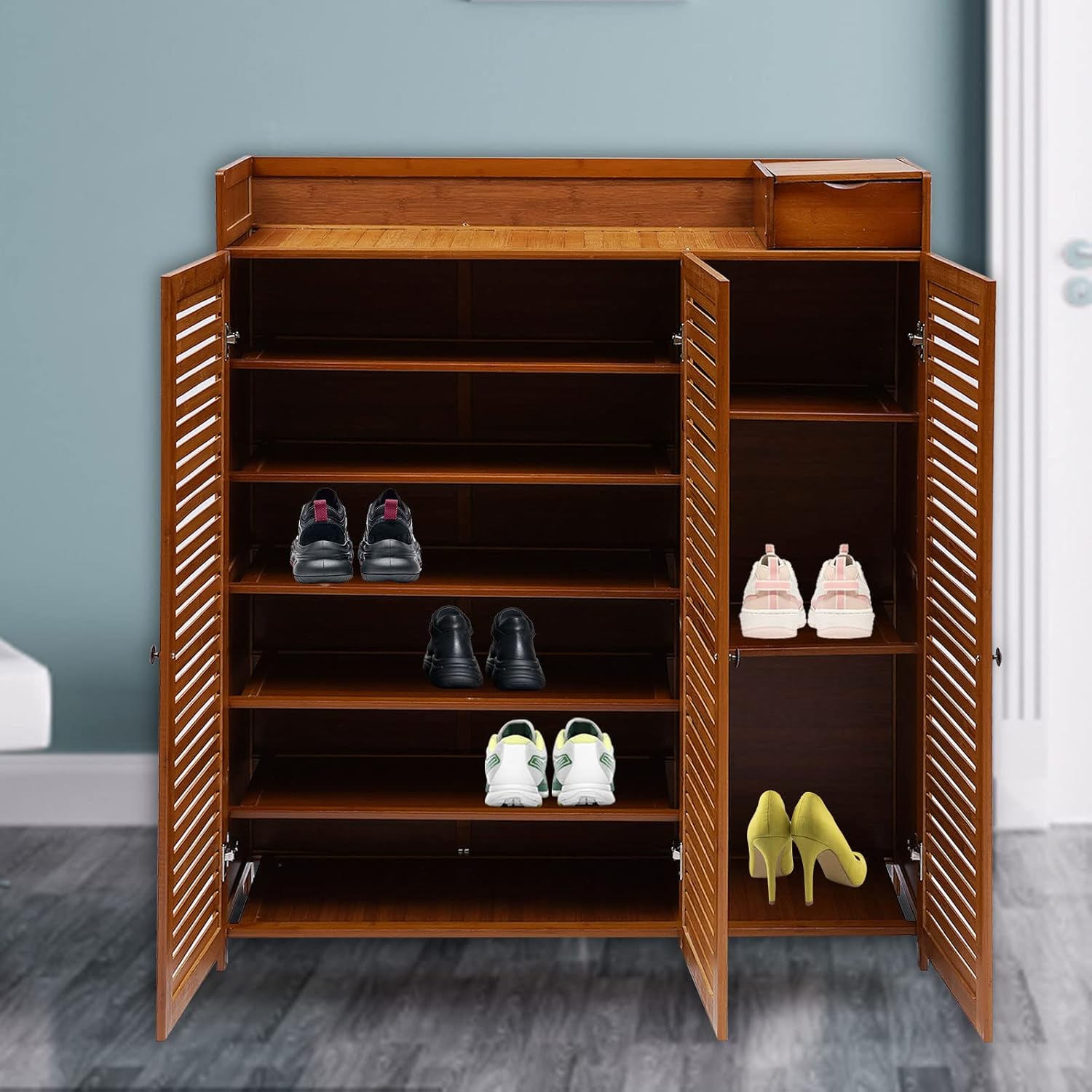 7-Tier Shoe Storage Rack with 3 Doors, Bamboo Rack Organizer Cabinet Wood Freestanding Shoe Storage Cabinet for Entryway Hallway Closet, 38.6" L×12.6" W×45.3" H