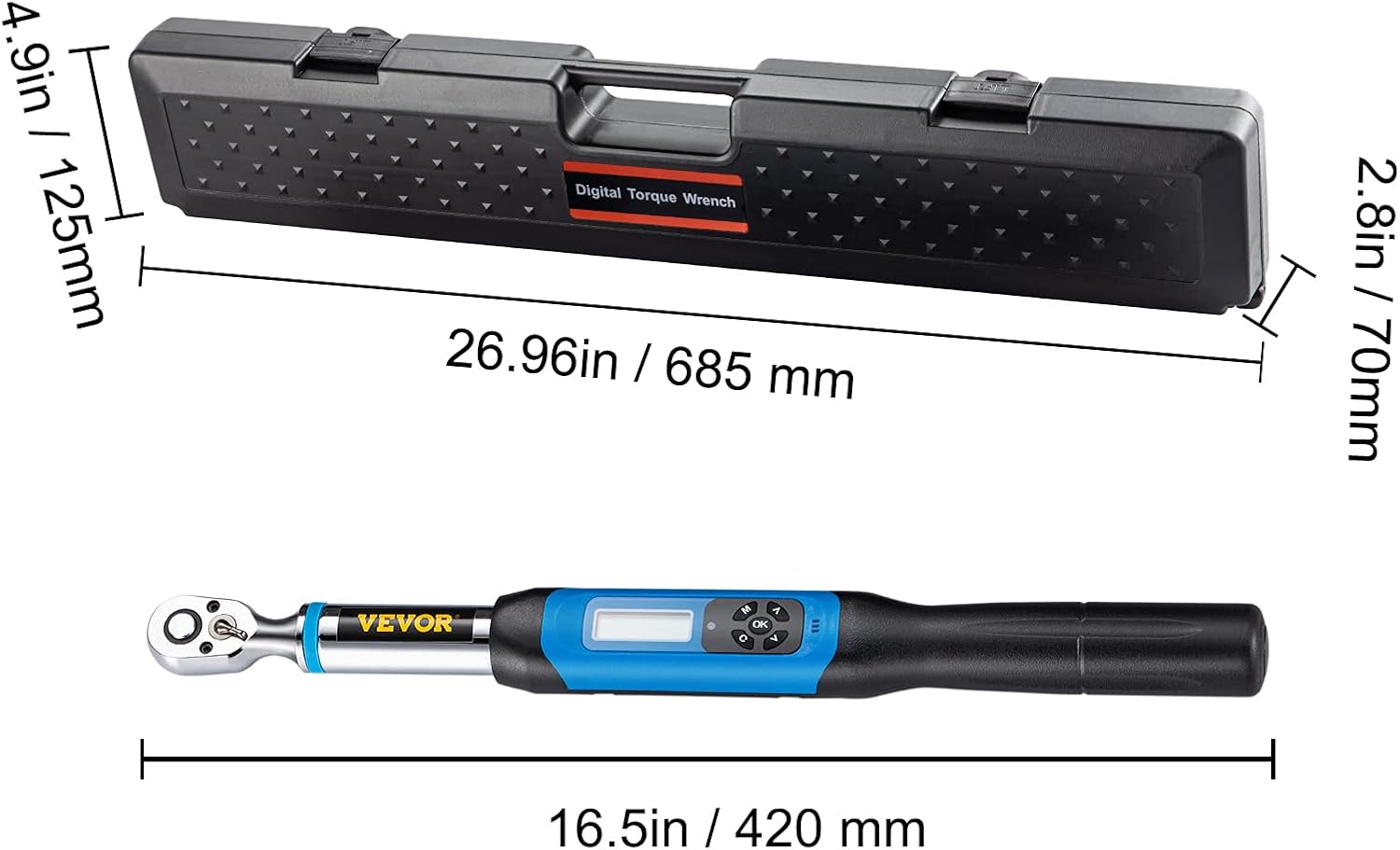 VEVOR Digital Torque Wrench, 1/2" Drive Electronic Torque Wrench, Torque Wrench Kit 7.47-147.5 ft-lb Torque Range Accurate to &plusmn;2%, Adjustable Torque Wrench w/LED Display and Buzzer, Socket Set & Case
