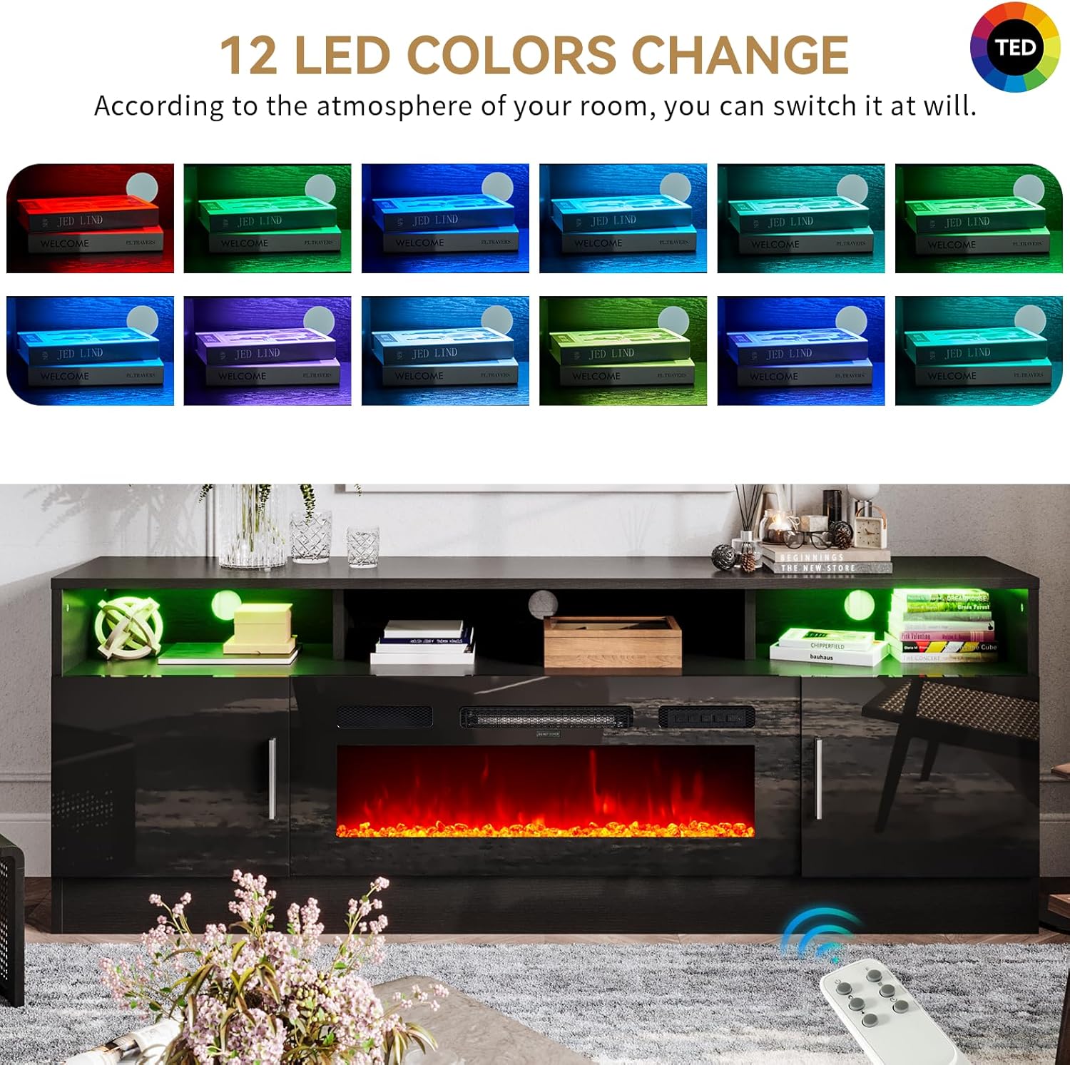 oneinmil Fireplace TV Stand with 36” Electric Fireplace, 70” Fireplace Entertainment Center LED Lights, 2 Tier TV Console for TVs Up to 80", Black