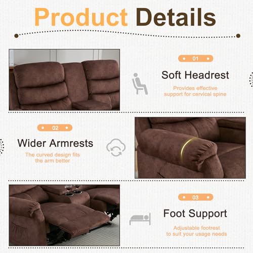 65.7" Manual Loveseat Recliner, Linen Fabric Home Theater Seating Recliner Chair with Storage Console, 2 Seater Reclining RV Sofa Chair for Living Room with Cup Holders (Grey-Linen)
