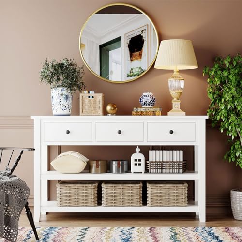 50" Console Hallway Table, Retro Design Entryway Table with 2 Open Shelves and 3 Storage Drawers Solid Wood Sofa Tables Home Furniture for Front Hall, Hallway, Sofa, Couch, Living Room,Beige