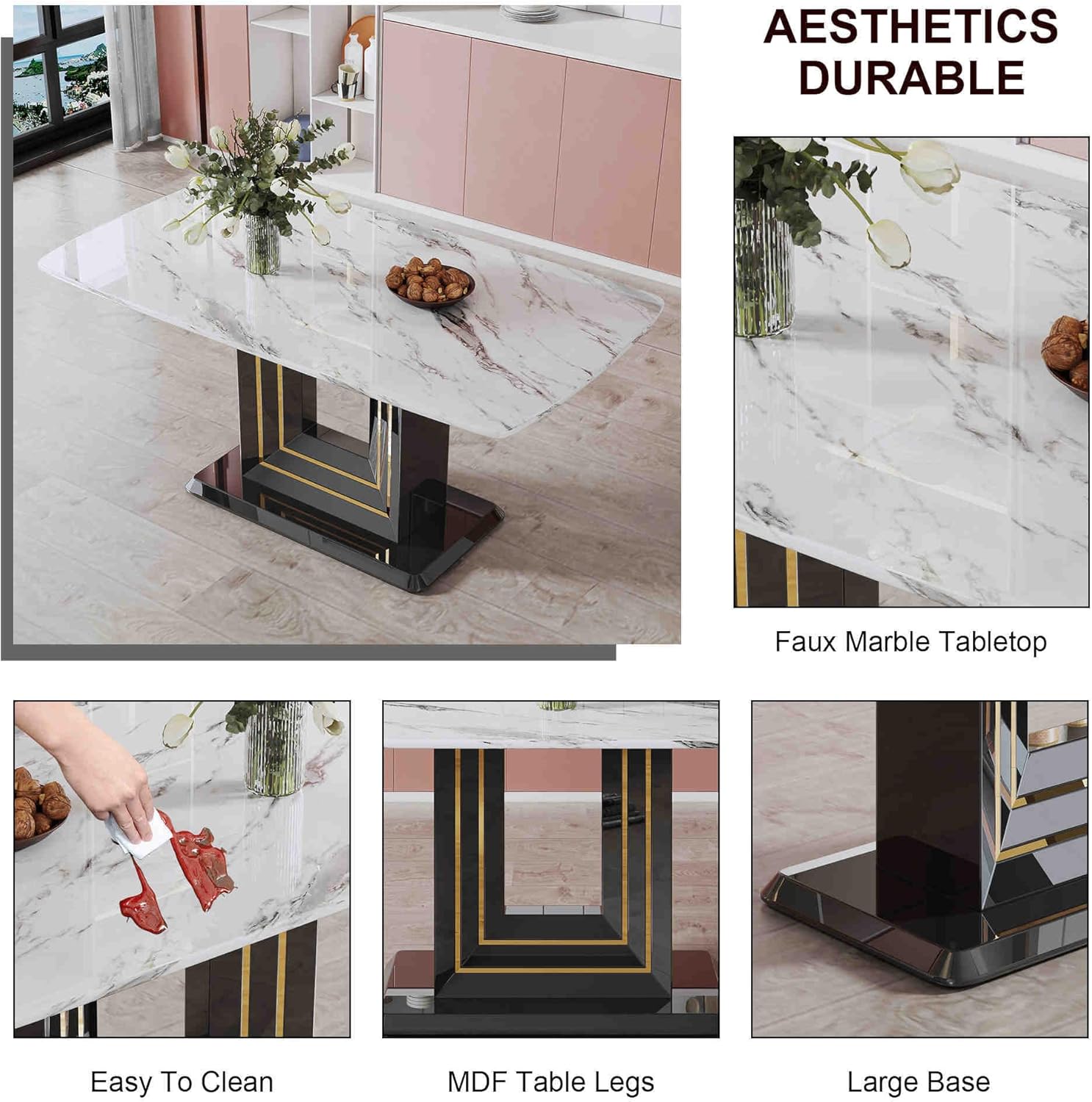 Stylish Furniture for 6 People Modern 7-Piece Dining Table Set with 6 Soft Chairs - Faux Marble Kitchen Table U Shape Table Legs