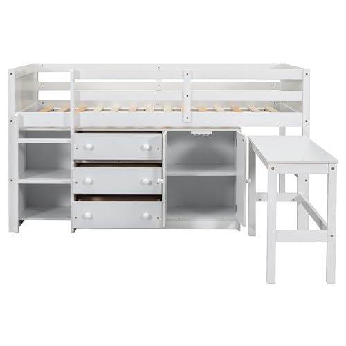 Full Size Platform Bed with Storage Headboard Bookcase, 2 Drawers Underneath and Charging Station, for Bedroom/Guest Room, White