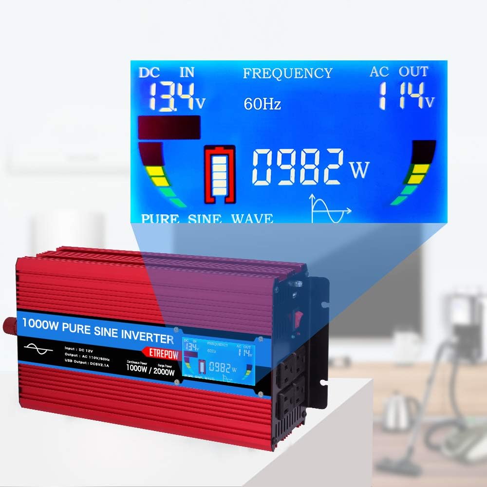 ETREPOW 3000 Watt Pure Sine Wave Inverter 12V to 110V 120V with LCD Display, 4 AC Sockets, 2.1A USB Port, Dual Fans and Wireless Remote Control-Off-Grid Inverter for RV, Automotive 6000W Peak