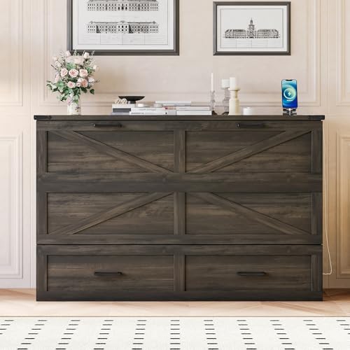 Wooden Murphy Cabinet Bed Frame with Charging Station, Full-Size Foldable Wall Bed with Large Storage Drawer for Home Apartment Limited Living Places, Space-Saving Hidden Bed No Box Spring Needed