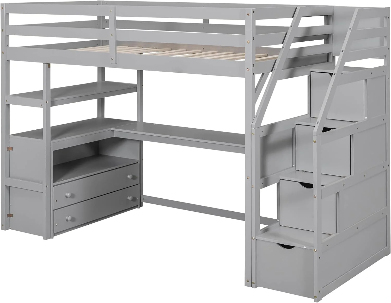 Size Loft Bed With Stairs And Desk, Solid Wood Loft Bed With Bookshelf And Drawers, High Loft Bed Frame With Storage Staircase For Kids Teens, Gray