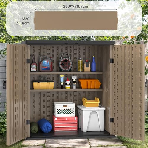 YITAHOME Outdoor Storage Cabinet with 2 Shelves, Waterproof Resin Horizontal Tool Shed, Lockable 15 cu. ft. Storage Shed for Patio, Garden, Yard, Dark Gray