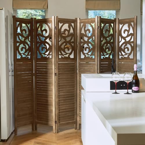 Room Divider Wood Carved Wall Divider Indoor Folding Portable Partition Screen for Home Office Garden Terrace - 6 Panel, 67 * 90inch (Dark Brown)