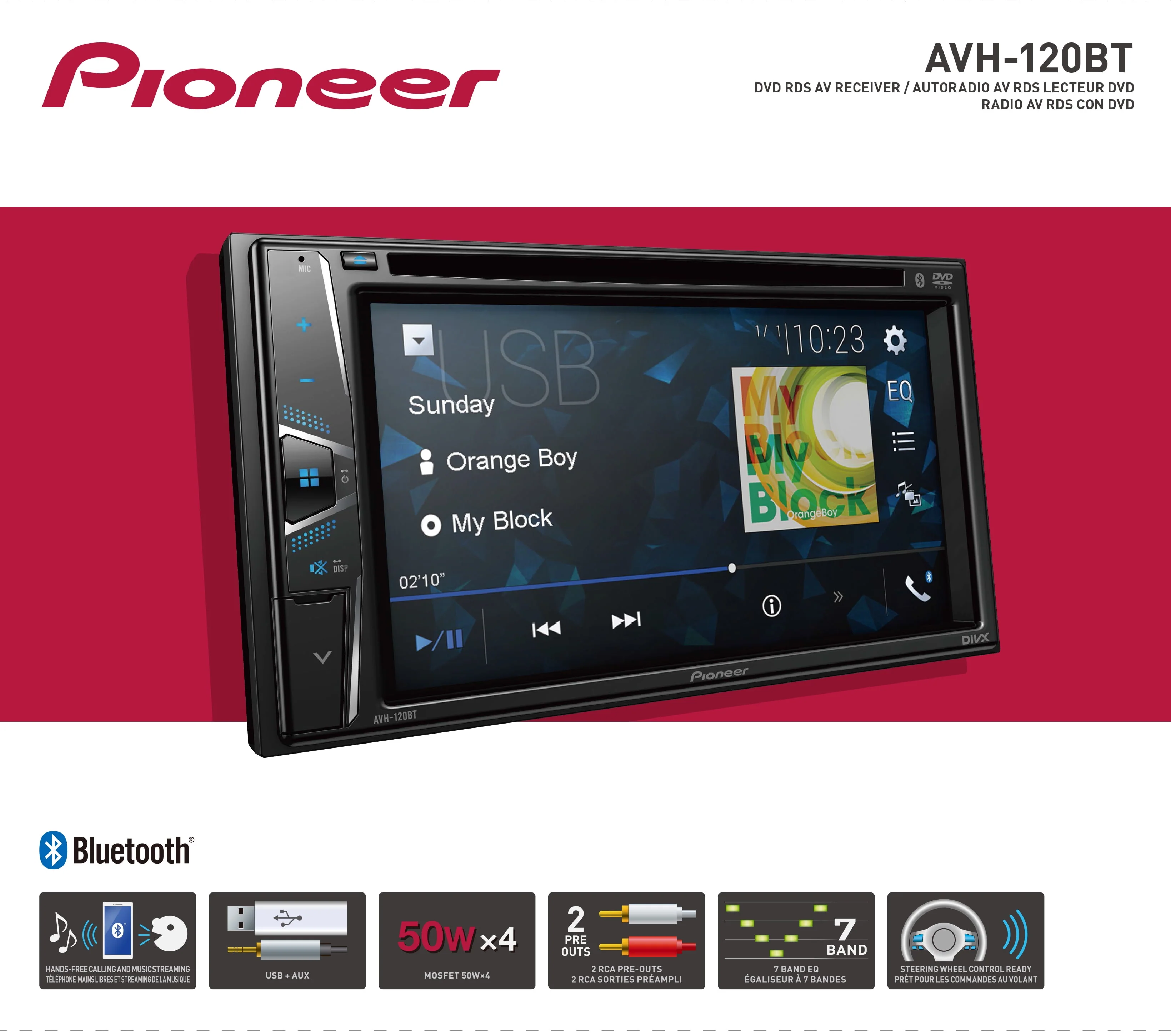 Pioneer AVH-120BT Double Din 6.2 Touchscreen Bluetooth Car Stereo, Android Compatible (New)