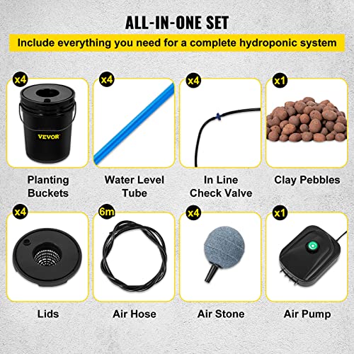 VEVOR RDWC Hydroponics Grow System, Hydroponic Growing Kit with Top Drip, Recirculating Deep Water Culture 4 Buckles and 1 Reservoir, with Air Pump and Water Level Device for Leafy Vegetables