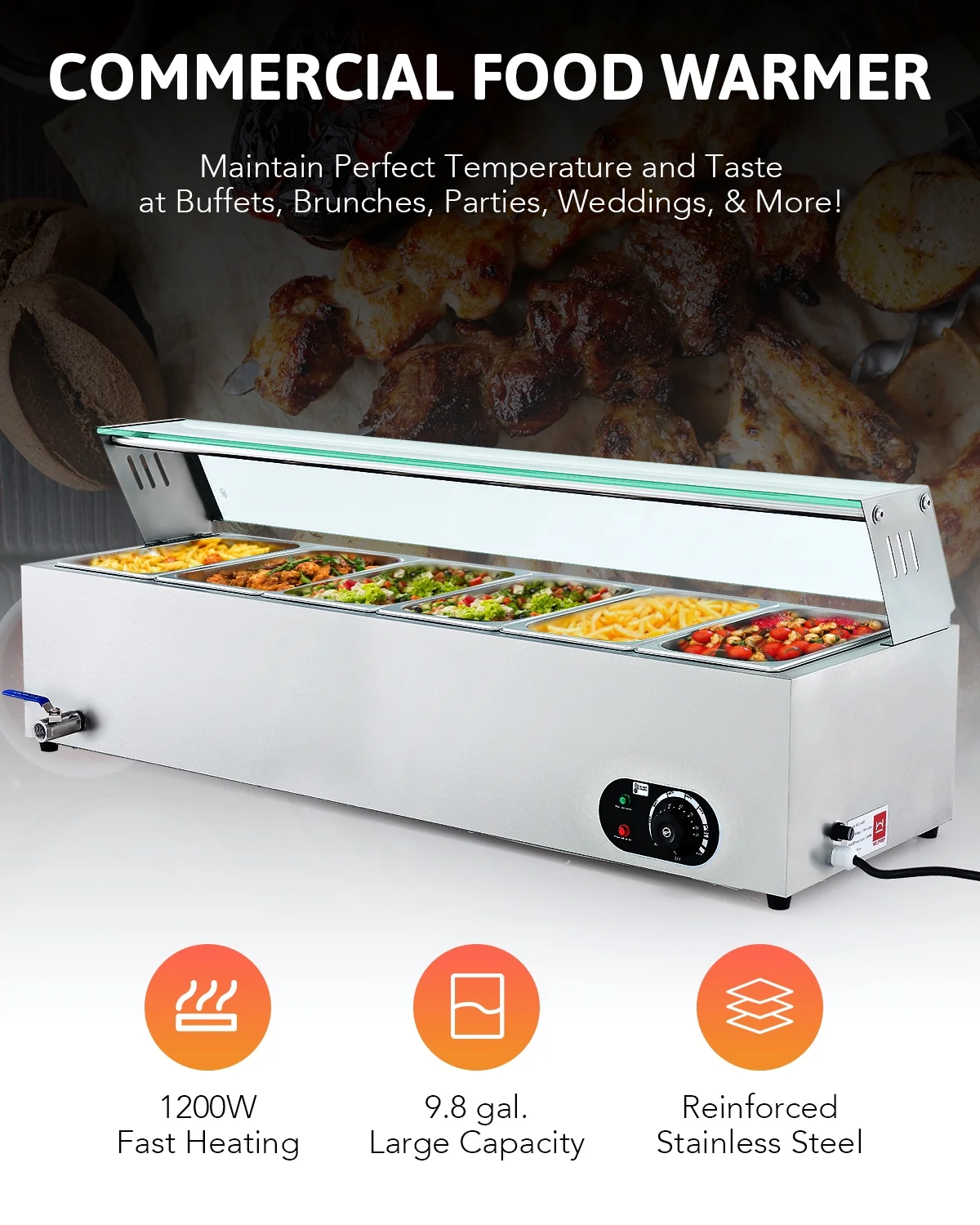 Wilprep Commercial Food Warmer 1200W Bain Marie Food Warmer with 6 Stainless Steel Pans