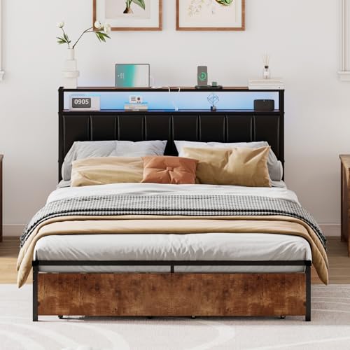 Full Bed Frame with 2 Storage Drawers, 2-Tier Storage PU Headboard with Charging Station& LED Lights, Metal Platform Bed/No Box Spring Needed/Noise Free/Black