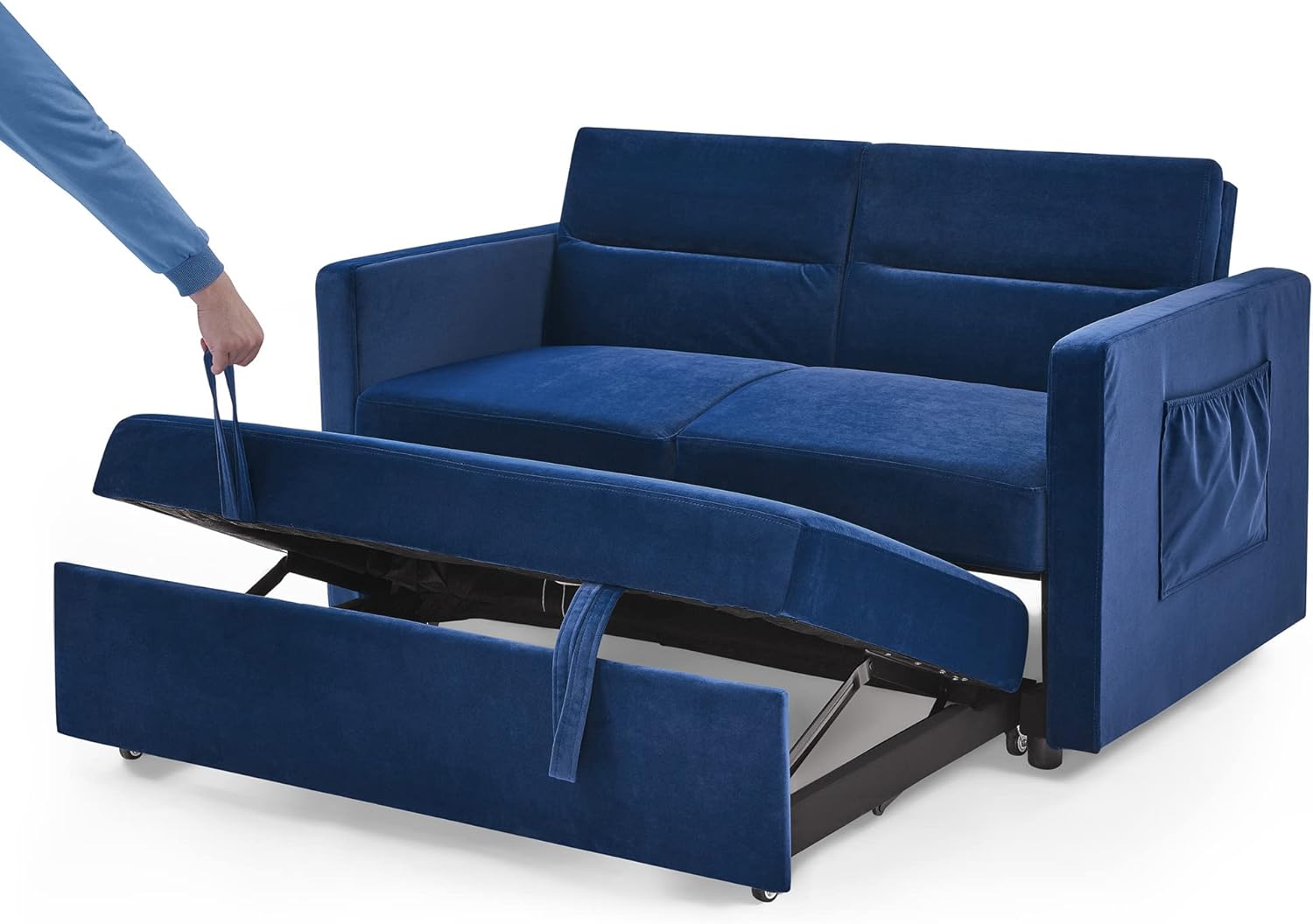 3-in-1 Multi-Functional Convertible Sofa Bed, Comfy Upholstered Sleeper Loveseat Futon Couch Pull, Chaise Lounge with Adjustable Backrest Sofabed, Blue 54.5"