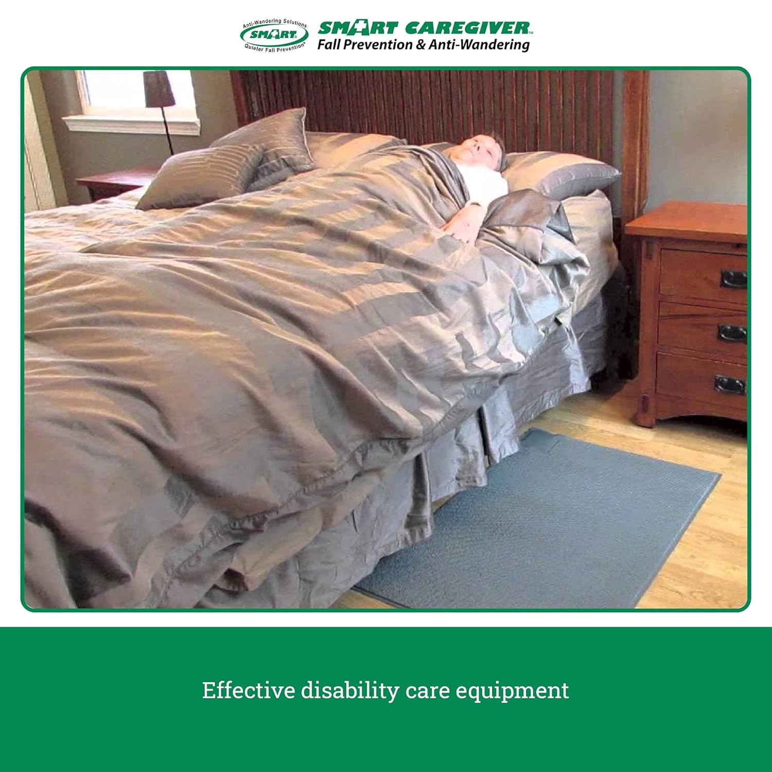 Smart Caregiver Cordless Floor Mat Pressure Pad with Economy Cordless Alarm (No Alarm in Patient's Room), Gray, 24” x 48”