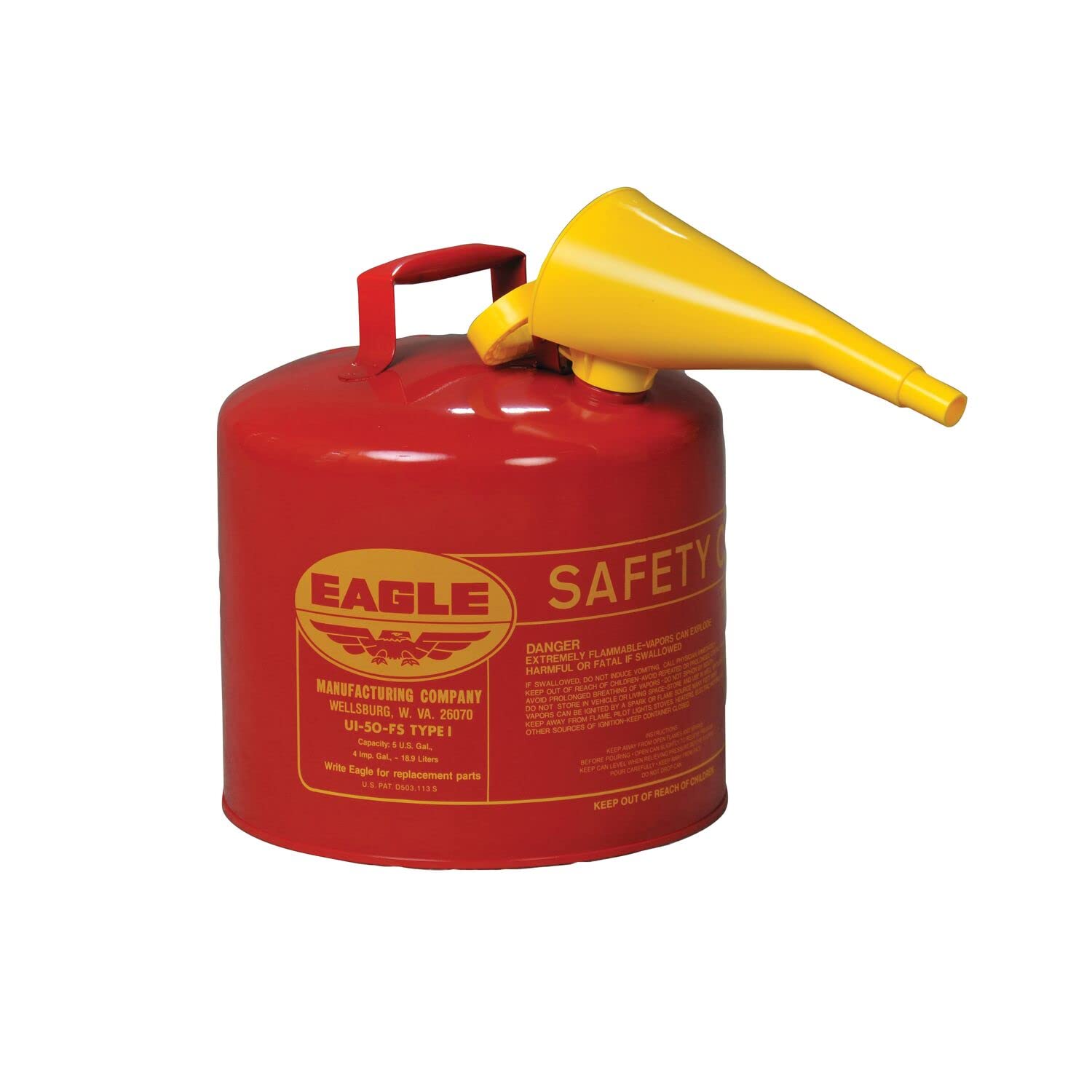 Eagle UI-50-FS Red Galvanized Steel Type I Gasoline Safety Can with Funnel, 5 gallon Capacity, 13.5" Height, 12.5" Diameter,Red/Yellow Pack of 2