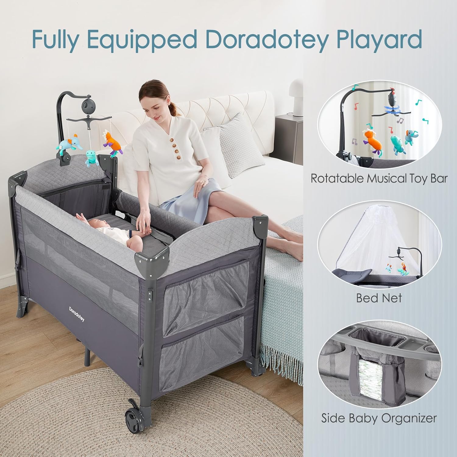 5 in 1Pack and Play, Portable Pack and Play with Mattress, Baby Pack and Play Easy to Assemble Fully Equiped, Toddler Travel Pack and Play Large Playard, 3 Layers,Diaper Caddy, Musical Toy Bar