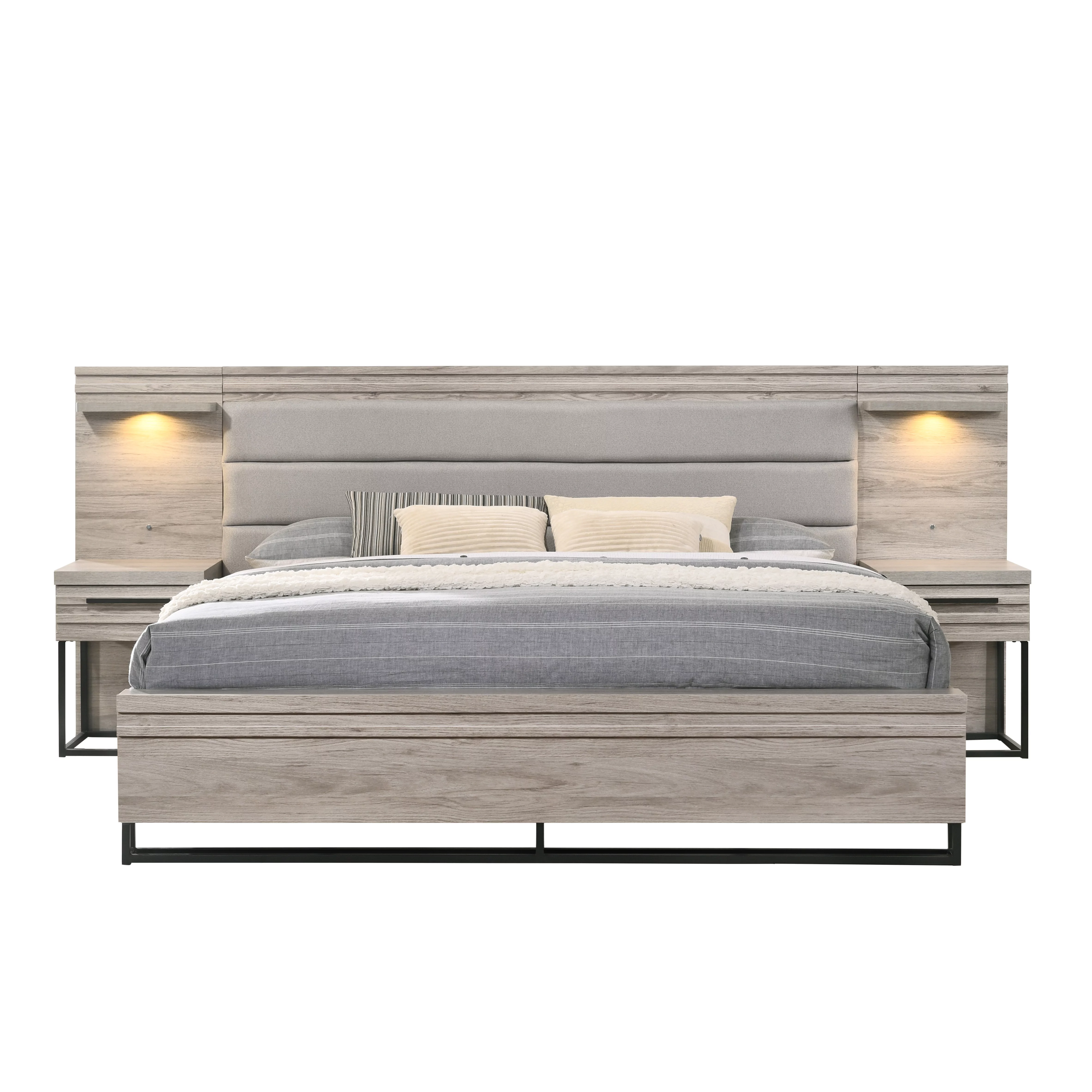 Roundhill Furniture Alvear Upholstered Wood Wallbed Bed with White LED Lights, 2 Nightstands, Weathered Gray, King
