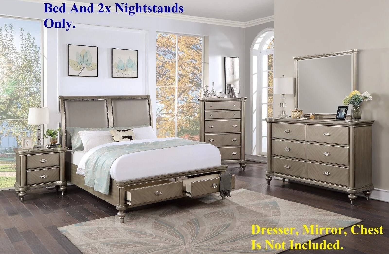 Eastern King Size Bed And 2x Nightstands Grey Finish Bedroom Furniture 3pc Set Gorgeous Classic Luxury Wooden Veneer