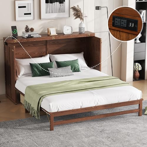 Queen Murphy Bed Cabinet, Murphy Bed Queen with Storage Drawer & Charging Station, USB Port, Solid Pine Wall Beds for Home Office, Studio or Guest Room, White