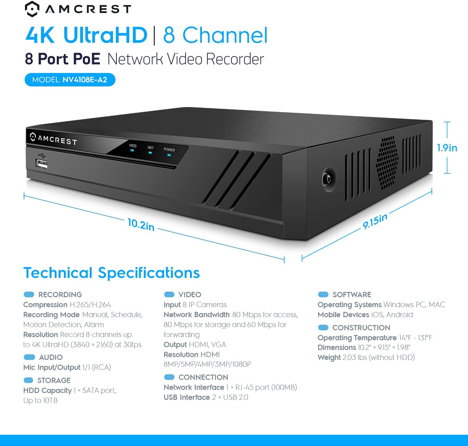 Amcrest NV4108E-A2 4K 8CH POE NVR (1080p/3MP/4MP/5MP/8MP) POE Network Video Recorder - Supports up to 8 x 8MP/4K IP Cameras, 8-Channel Power Over Ethernet Supports up to 10TB HDD (Not Included)