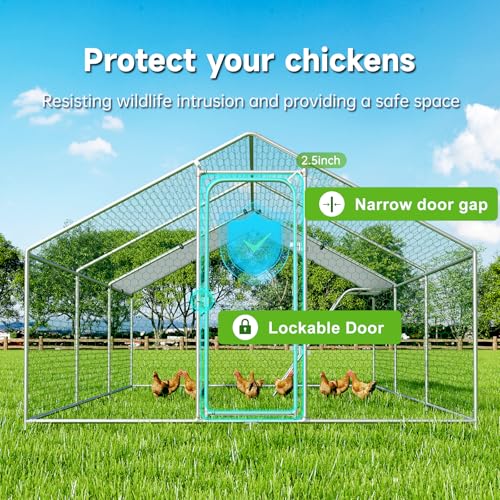 Large Metal Chicken Coop, Chicken Run Poultry Cage Hen with Water-Resident and Anti-UV Cover for Duck Rabbit House Outdoor Walk-in Chicken Pen for Yard, Dome Roof(10’ W x 19.7’ L x 6.4’ H)