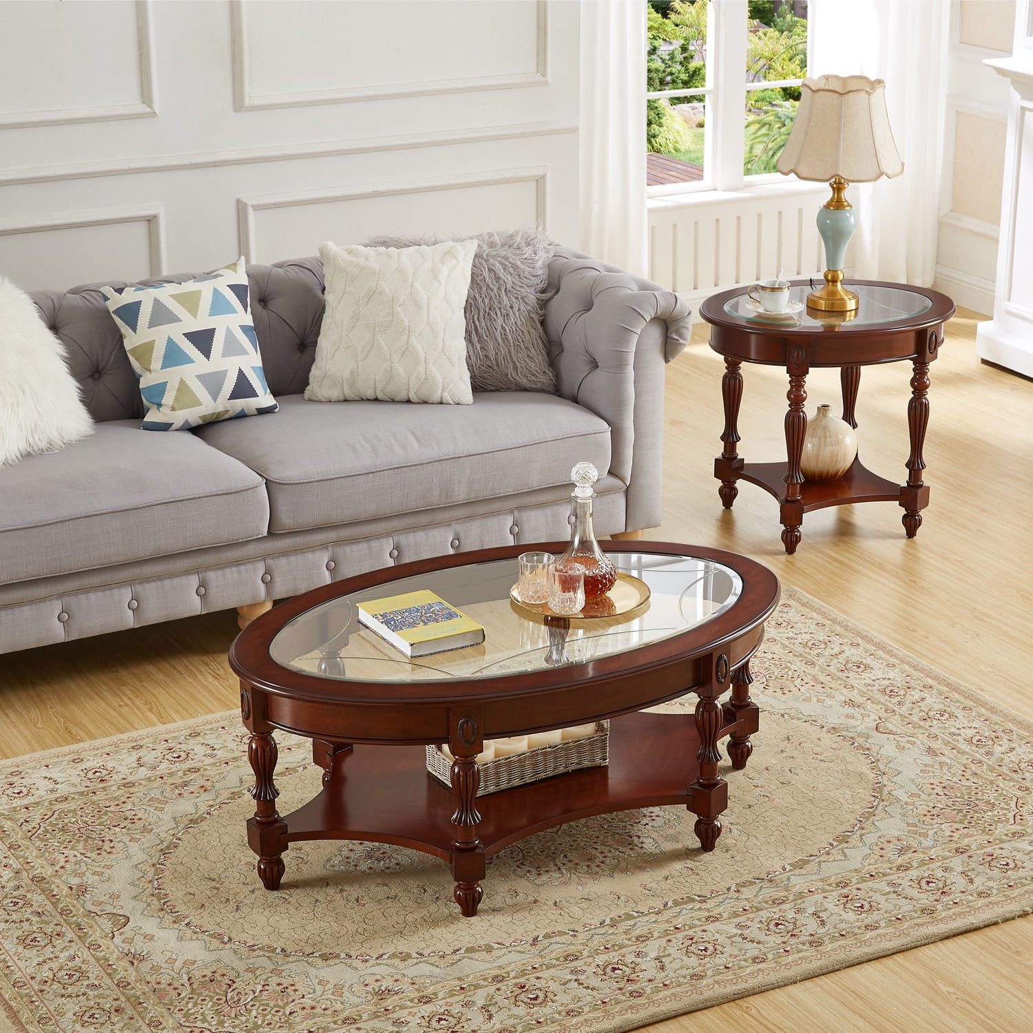 Gexpusm Oval Glass Coffee Tables for Living Room, 2-Tier Solid Wood Coffee Table with Storage Shelf, Vintage Cocktail Table, Dark Brown