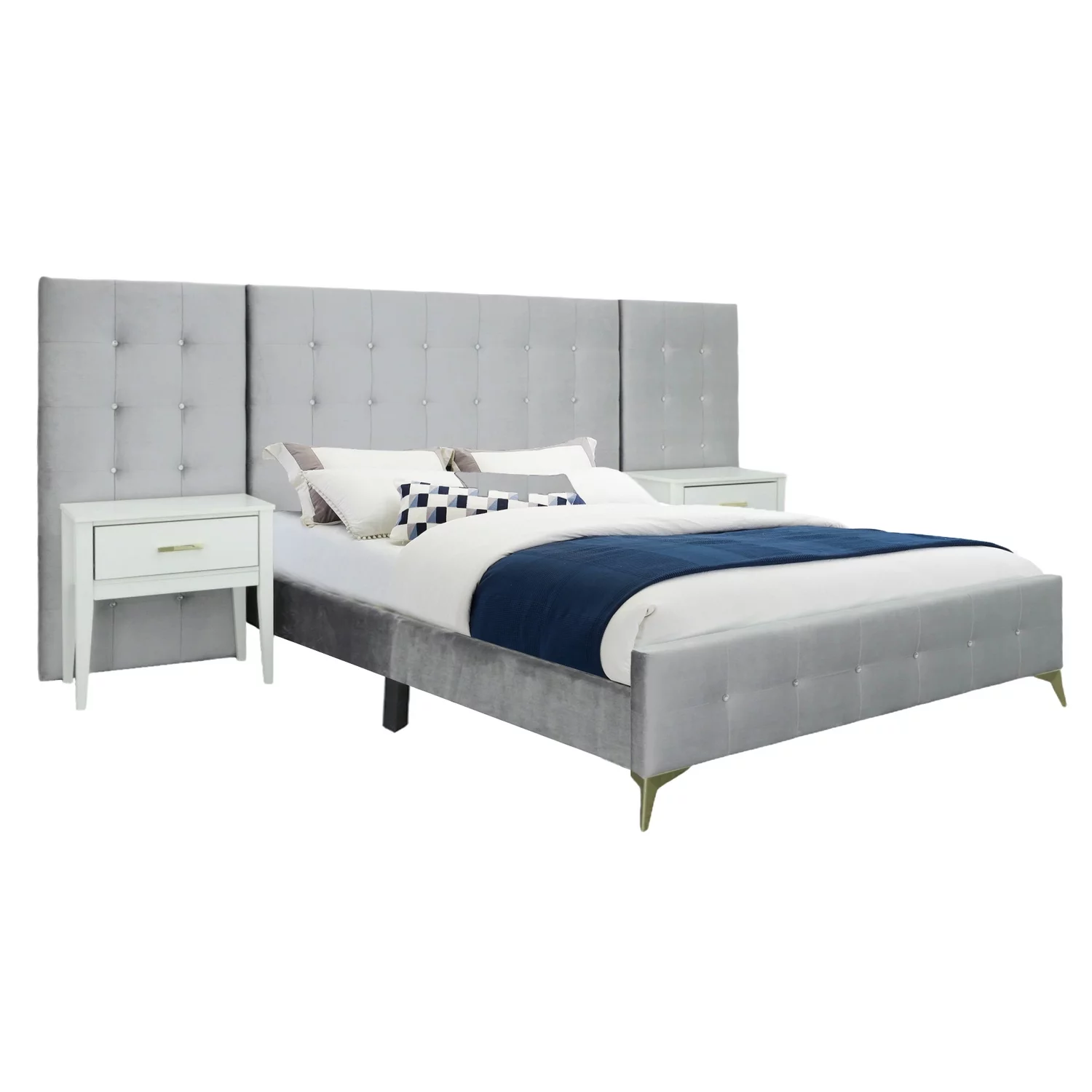 Picket House Furnishings 133"W Wood King Bed with 2 Nightstands in Silver Grey