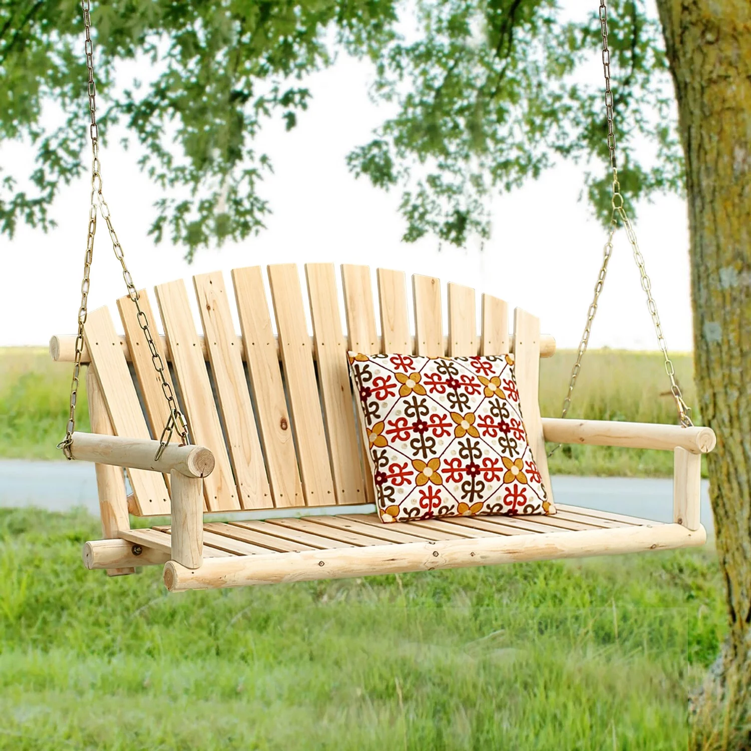LuxenHome Natural Unfinished Wood Log Cabin Porch Swing with Chains