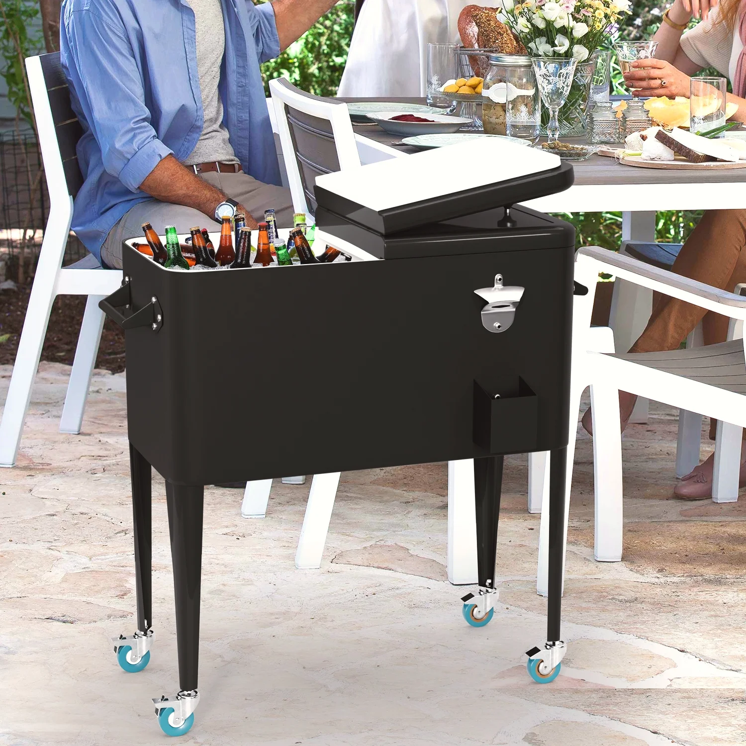 FDW 80 Quart Outdoor Cooler Cart Rolling Ice Cooler Ice Chest with Wheels Side Handles Bottle Opener Cap Catcher Portable Drink Cooler for Parties Poolside Patio BBQ Beach, Black