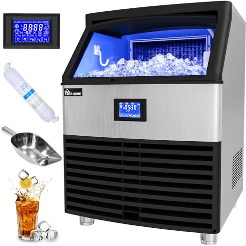 YITAHOME Commercial Ice Maker Machine Stainless Steel Ice Scoop, Blue Light, Freestanding Ice Machine for Home, Restaurants, Bars