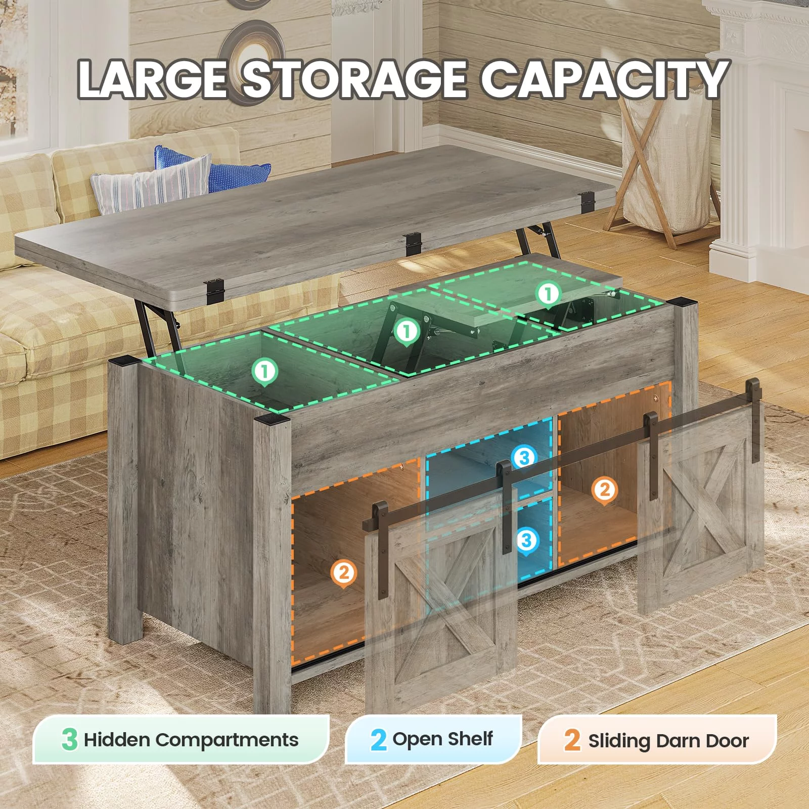 Lift Top Coffee Table with Storage,4 in 1 Multi-Function Convertible Coffee Tables with Hidden Storage Compartment, Farmhouse Dining Table for Living Room, Grey - Curated Treasures Market