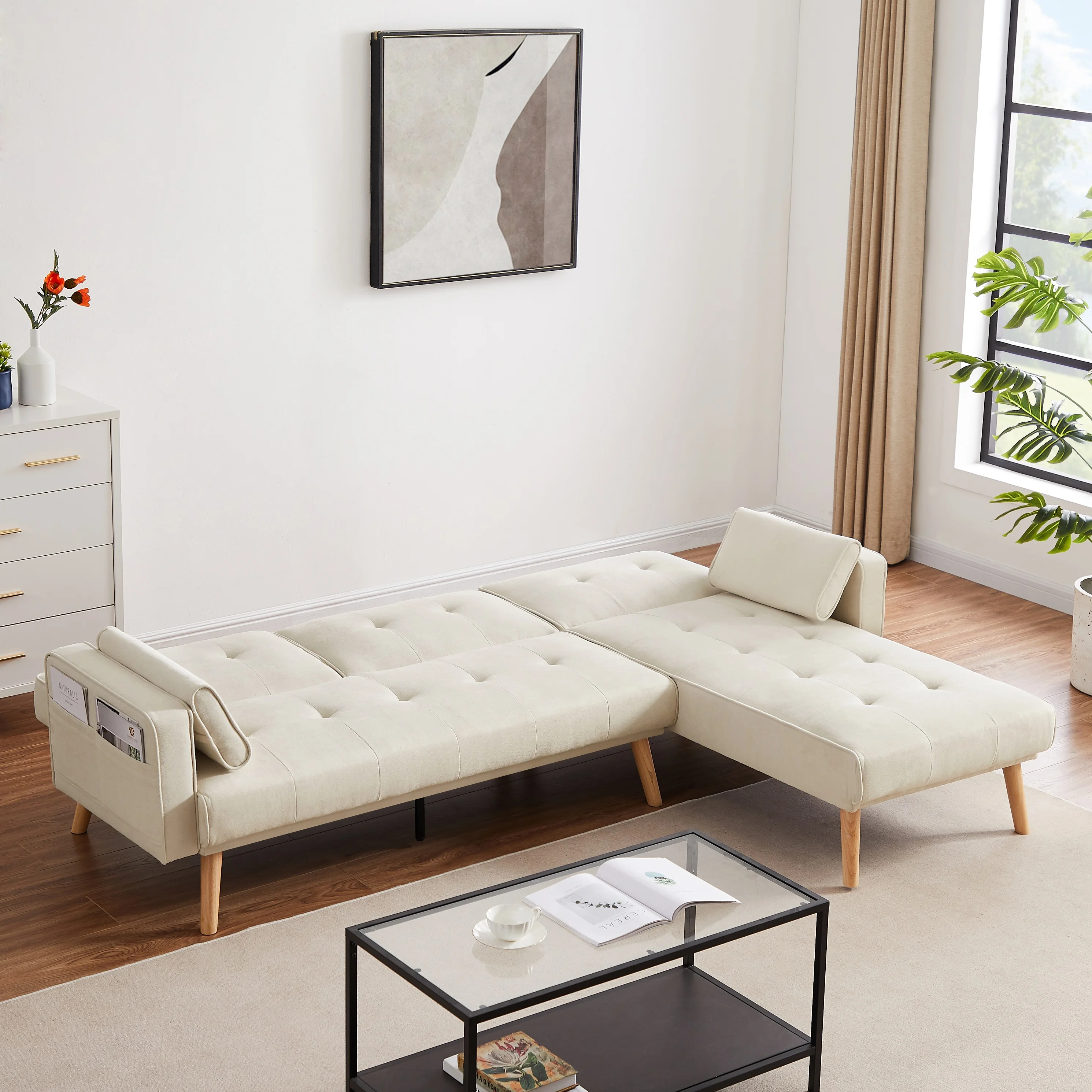 Momspeace Convertible Sectional Sofa Upholstered Sleeper Sofa Couch Bed with Left Chaise L-shaped Corner&nbsp;Sofa Chair for Living Room - Dark Beige