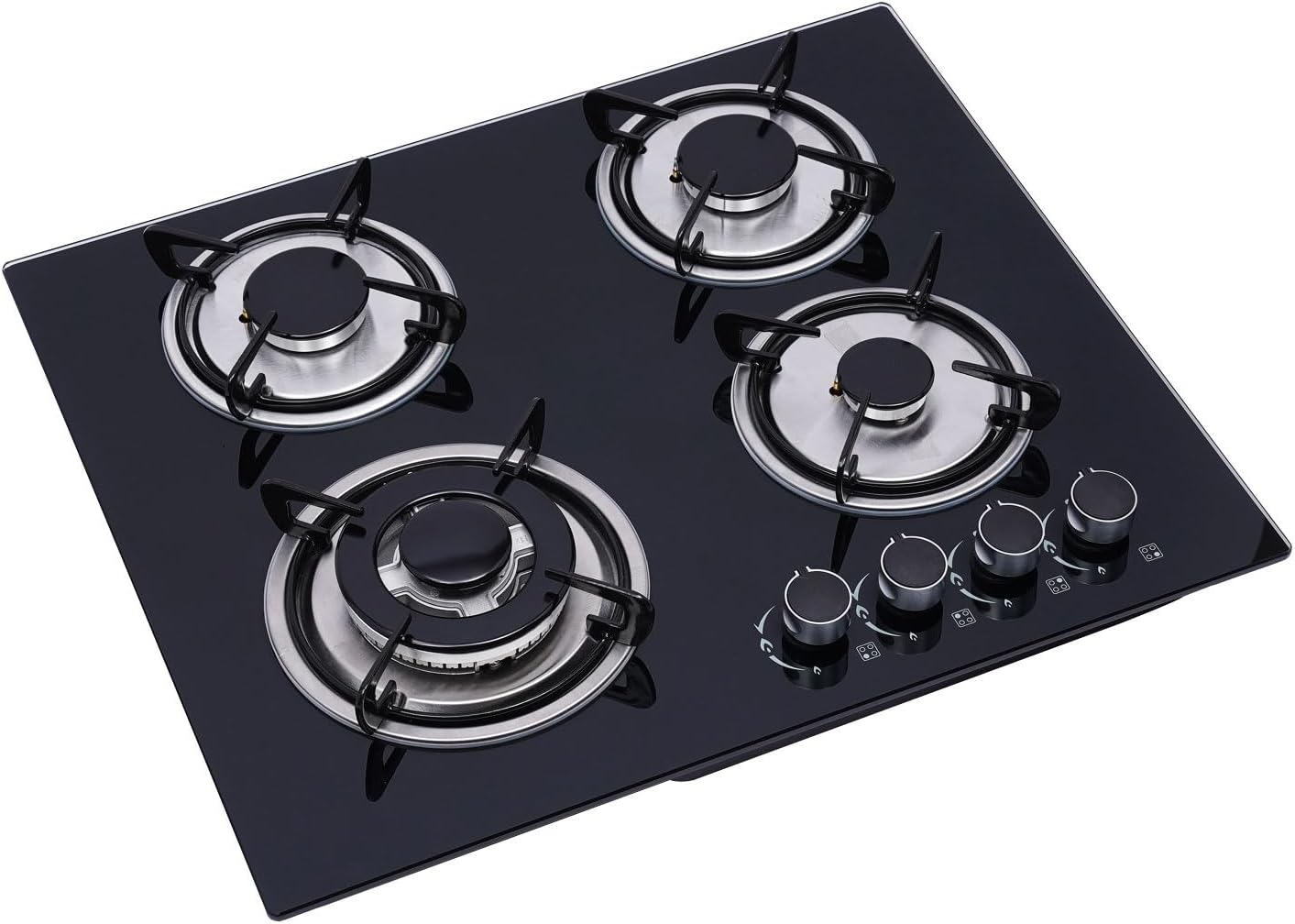 23'' Gas Stove Cooktop, Built in Gas Cooktop 4 Burners Stainless Steel Stove, LPG/NG Kitchen Cooker Thermocouple Protection, Easy to Clean Tempered Glass LPG/NG Gas Cooktop