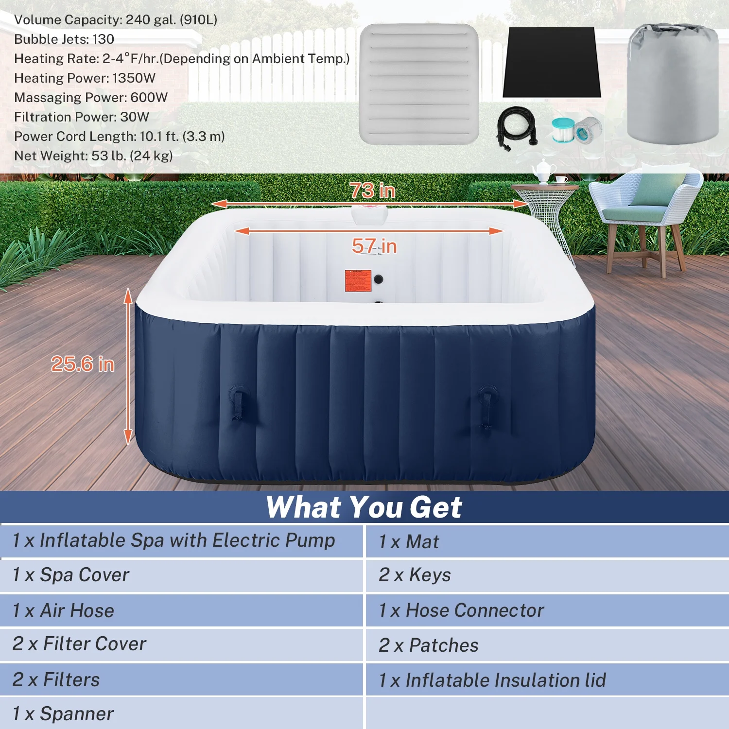 Upgraded Inflatable Hot Tub, Seizeen 6 Person Hot Tub with Hidden Pump, Portable Spa Tub Outdoor Indoor Use w/130pcs Jet, Lockable Cover, Storage Bag, Cover, 240gal
