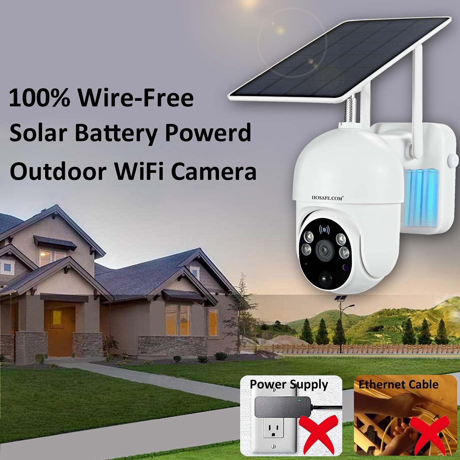 Security Camera Outdoor Wireless WiFi Solar Battery Powered, HOSAFE Pan/Tilt Video Surveillance Cameras for Home Security, Color Night Vision, 2-Way Audio, Motion Detection, Waterproof, Cloud Storage