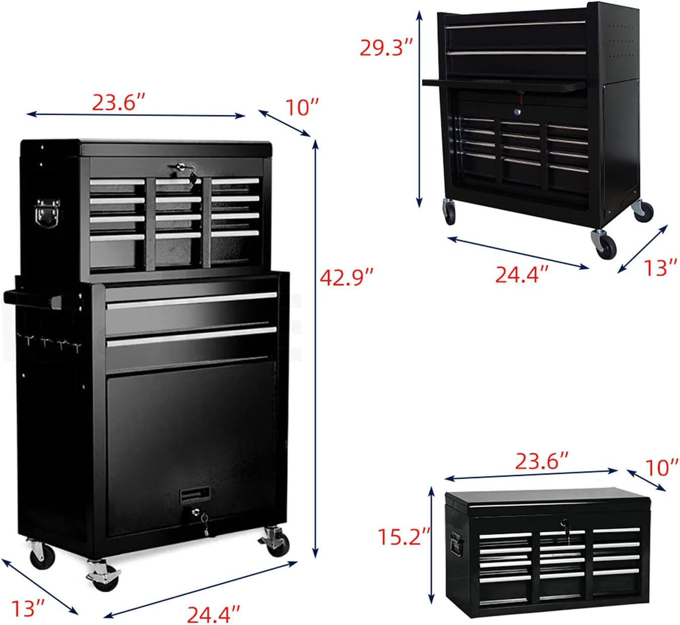 8-Drawer Tool Chest Rolling Tool Box with Wheels, Large Detachable Tool Box with Drawers and Lock, Metal Tool Cart Storage Cabinet for Garage and Warehouse (Black)